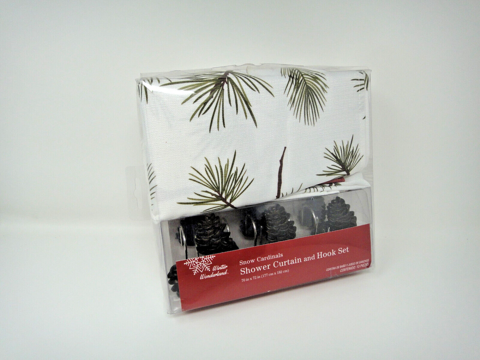 SNOW CARDINALS Shower Curtain and Pine Cone Hooks Set by Winter