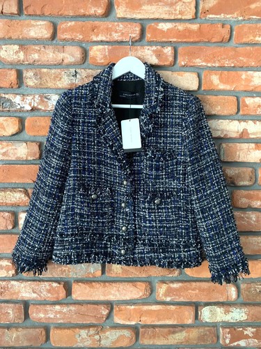 A804 ZARA MUJER AZUL MARINO TWEED DESHILACHADO EMBELLECIDO BLAZER ABRIGO CHAQUETA GRANDE - L - Imagen 7 de 11