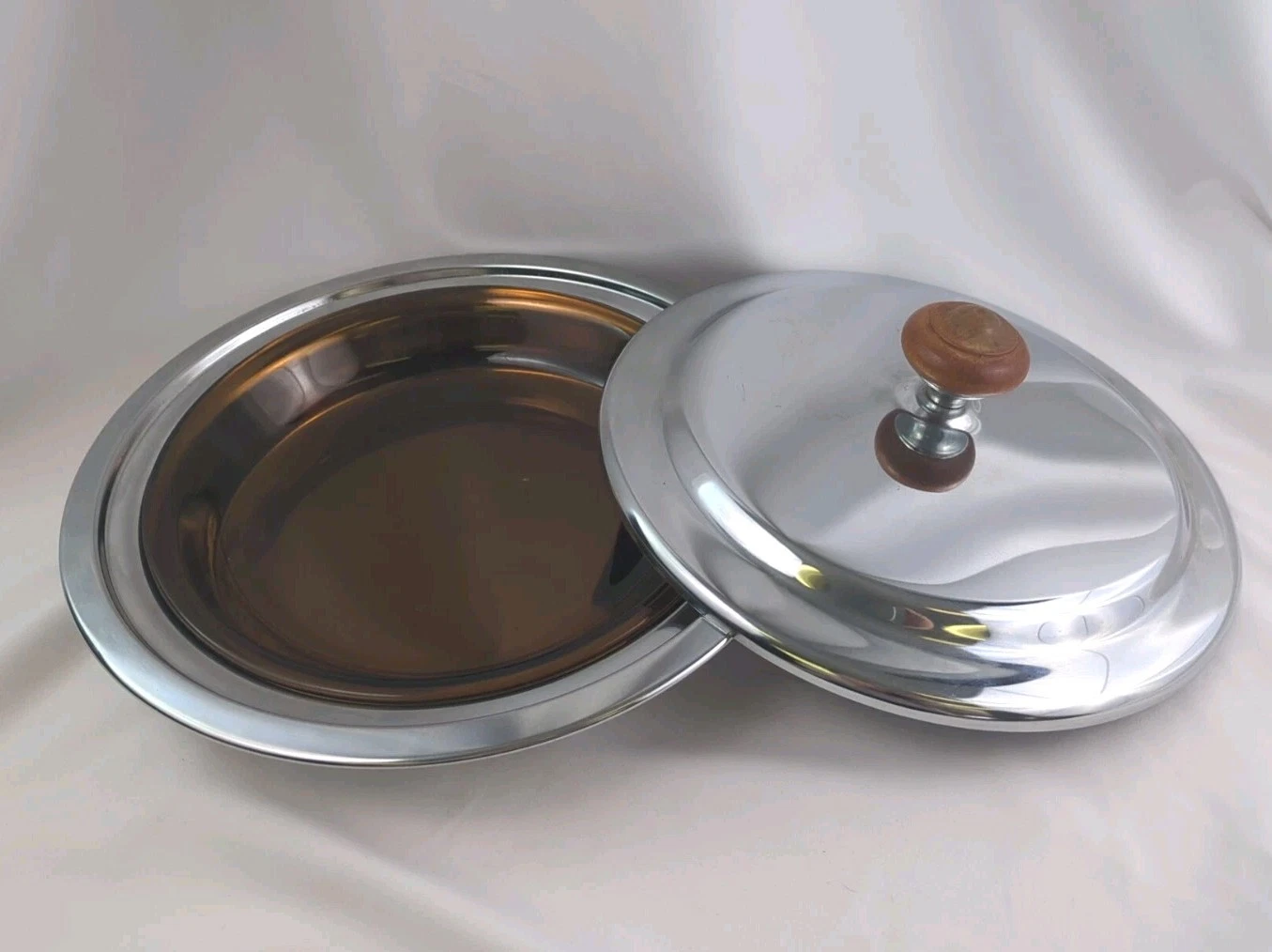 Vintage Kromex Chrome 9" Pie Serving Dish with Lid Wooden Handle 11" Wide
