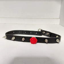 Hot Topic Red Rose Silver Spiked Black Leather And Buckled Choker
