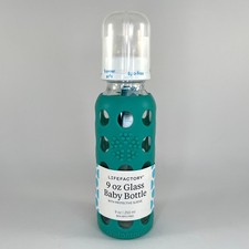 Lifefactory 9 oz Glass Baby Bottle Kale Teal Silicone Sleeve Stage 2 Nipple New