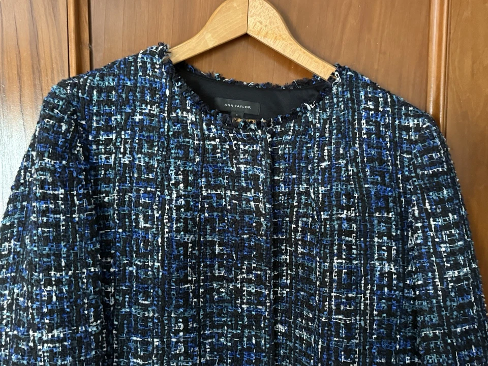 Ann Taylor Blue & Black Tweed Lined Blazer Suit Jacket Career Wear Woman’s 16 - Image 3 of 4