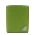 PRADA Triangle Logo Saffiano Leather Compact Wallet Light Green Auth Used F/S
