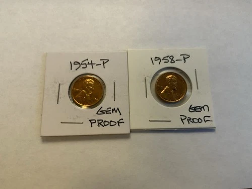 Two Gem Proof 1950’s Lincoln Wheat Cent Pennies, 1954-P and 1958-P.