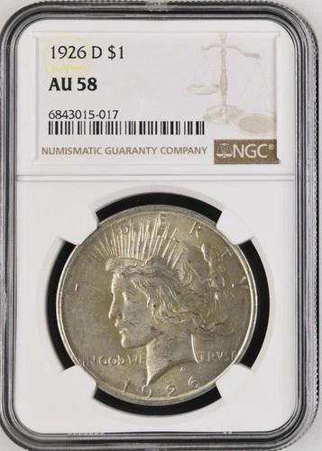 1926-D $1 Peace Silver Dollar, Denver Mint, NGC AU 58