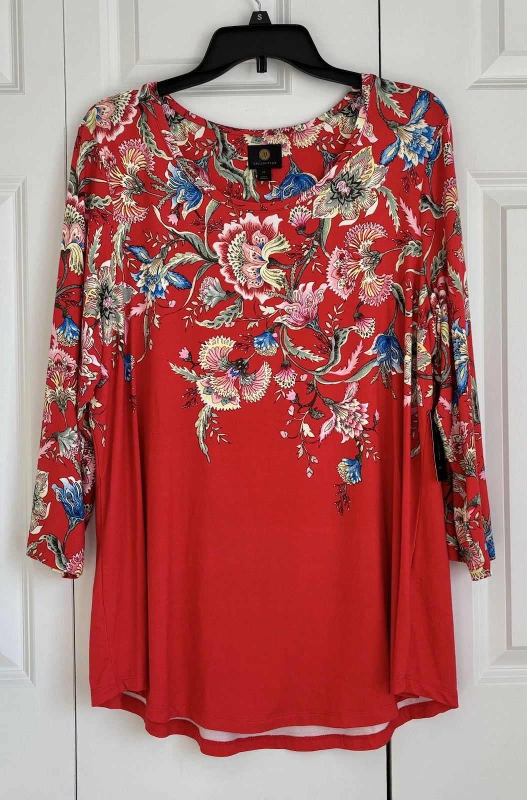 JM COLLECTION TOP WOMEN'S RED FLORAL SCOOP NECK PULL ON TUNIC 3/4 SLEEVE KNIT