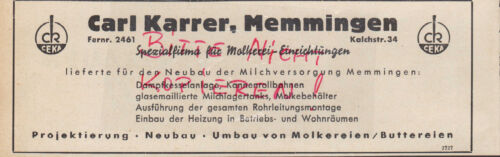 MEMMINGEN, publicité 1950, installations laitières Carl Karrer - Photo 1/1