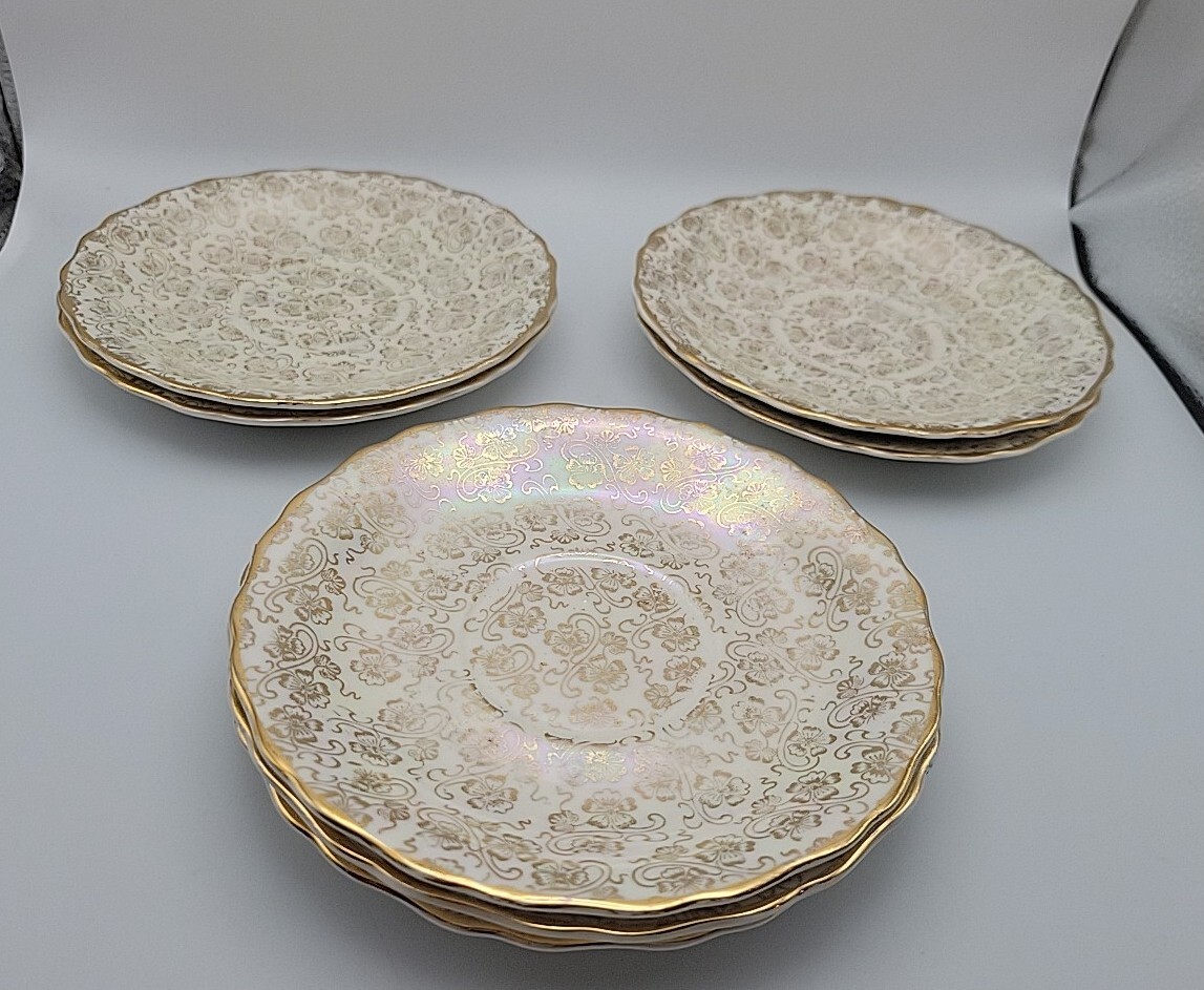 7 Lady Pearlwick 22k Gold Iridescent Saucer Plates ~ Beautiful