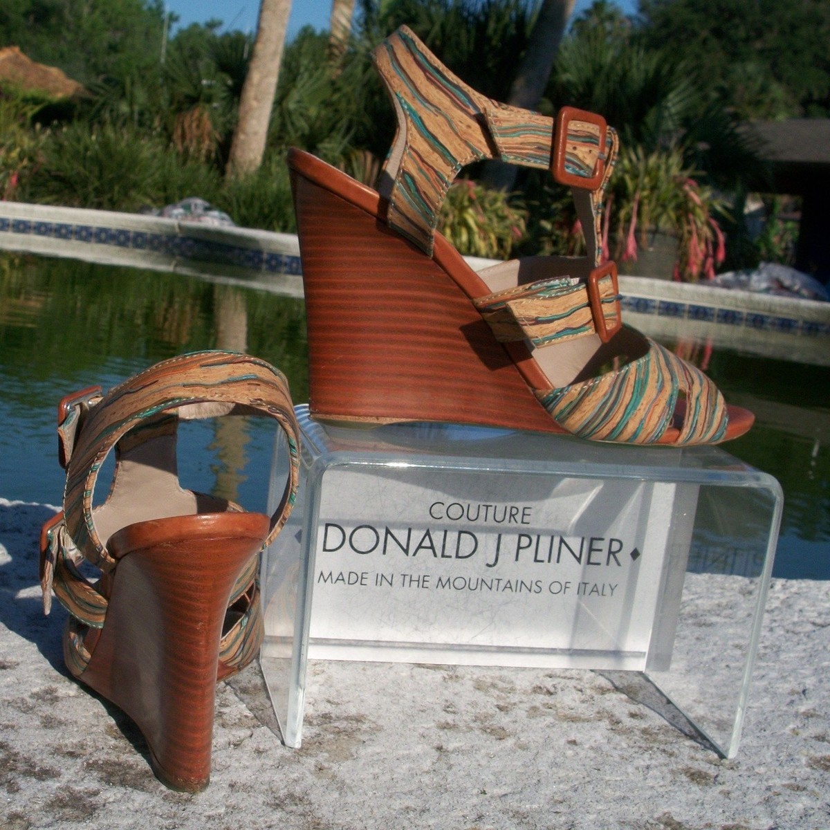 Donald Pliner Couture Leather Hand Painted Cork Wedge Shoe Strappy