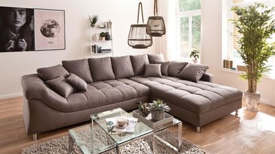 Ecksofa Wohnlandschaft Eckcouch Polsterecke Nemea Stoff rock grau mit Kissen