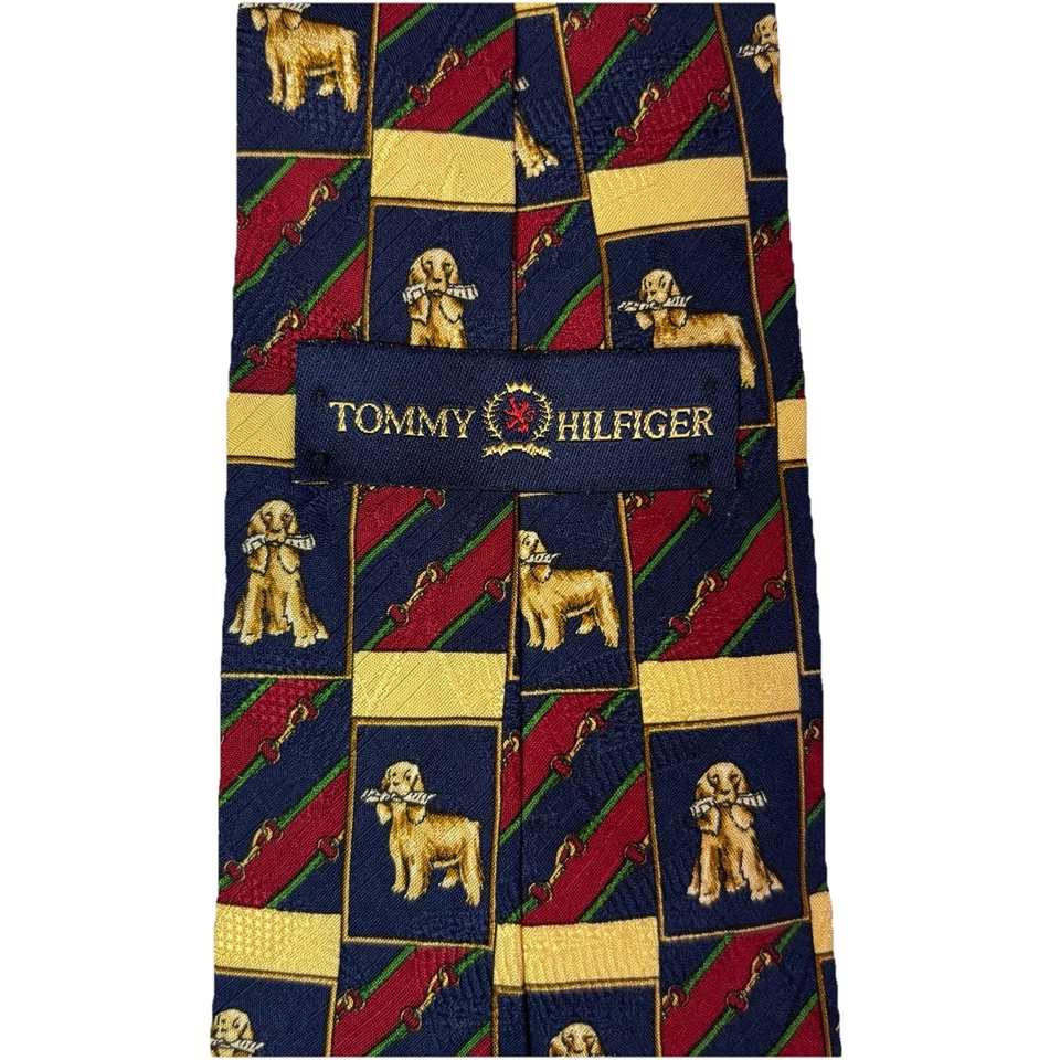 Vtg Tommy Hilfiger Necktie Yellow Lab Dog Leash Red Navy 100% Silk USA Heritage - Image 3 of 4