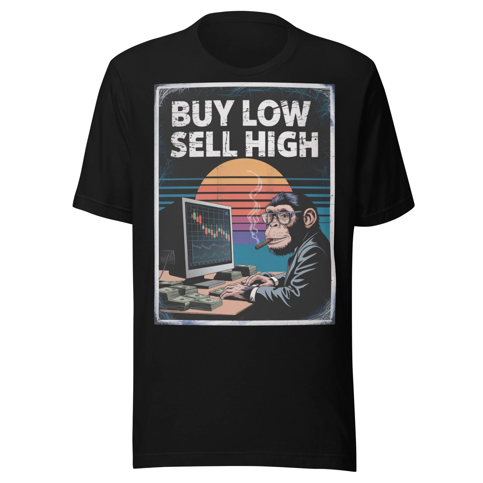 Buy Low Sell High Monkey Day Trader Retro Sunset Stocks Forex XRP Crypto T-Shirt