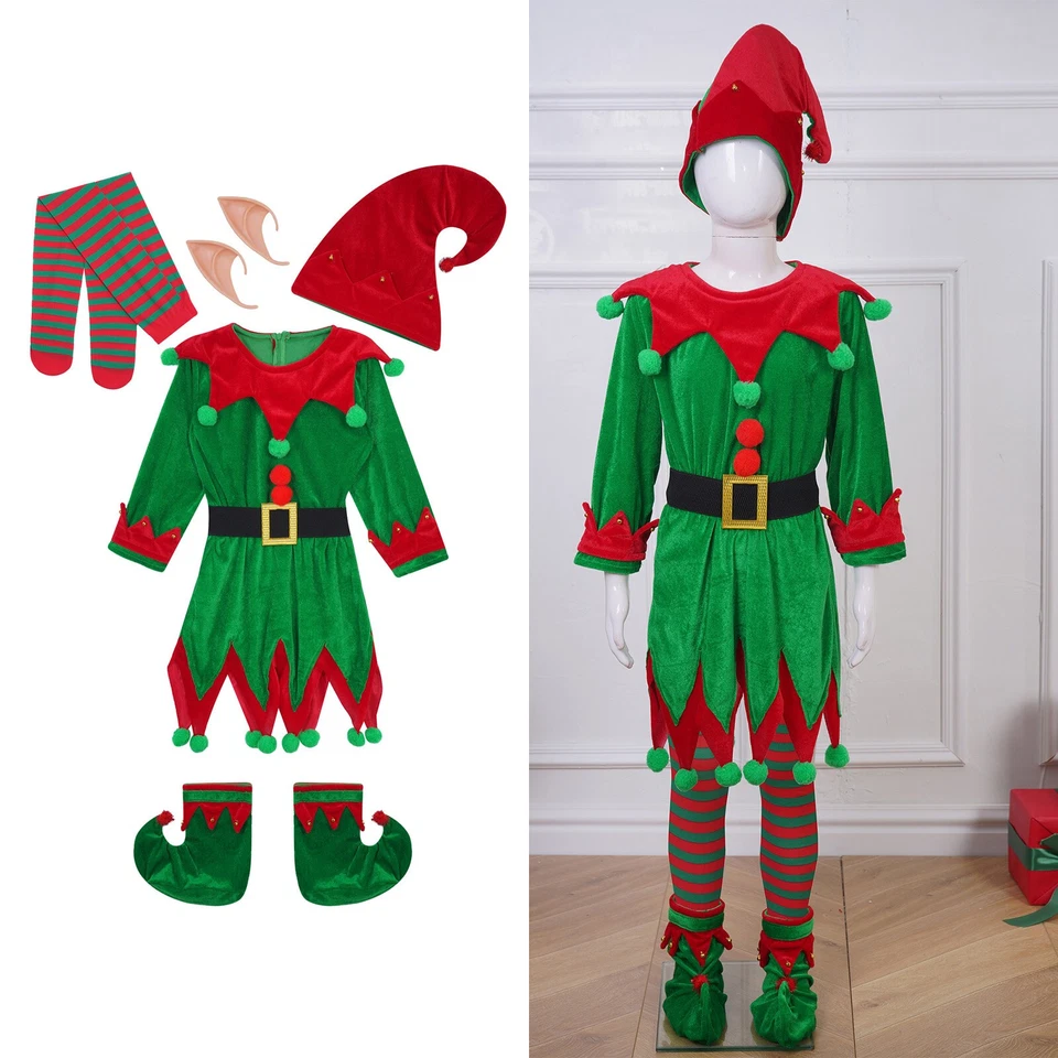 RANRANN DE Unisex Weihnachtself Kostüm Kinder Wichtel Kostüm Elfenkostüm Set Party 2025