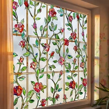 Stained Glass Window Privacy Film: 3D Rose Floral Decorative Frosted Static C...