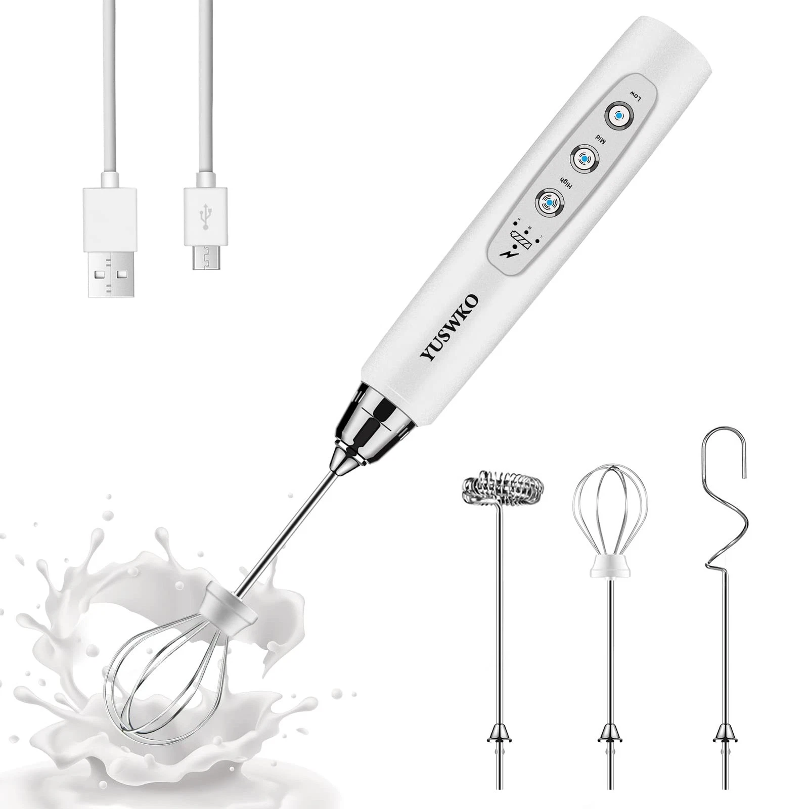 White Handheld Milk Frother Wand for Coffee, Rechargeable Electric Whisk with...