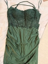 Emerald green sparkly lace corset, backless prom dress