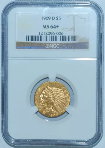 1909 D NGC MS64+ Indian Head Gold $5 Half Eagle