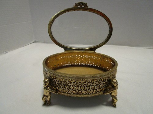 Metall Filigran Ormolu Abgeschrägt Glas Oval Schatulle Schmuckkästchen Fuß 4 Cherubs 6"W - Bild 8 von 10