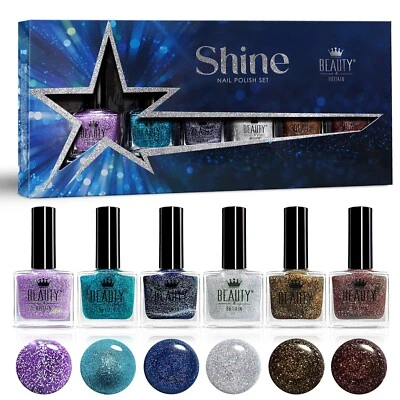 BEAUTY4BRITAIN Shine Nail Polish Set of 6 Glitter Reflective Shimmery Colours 10ml Sparkly