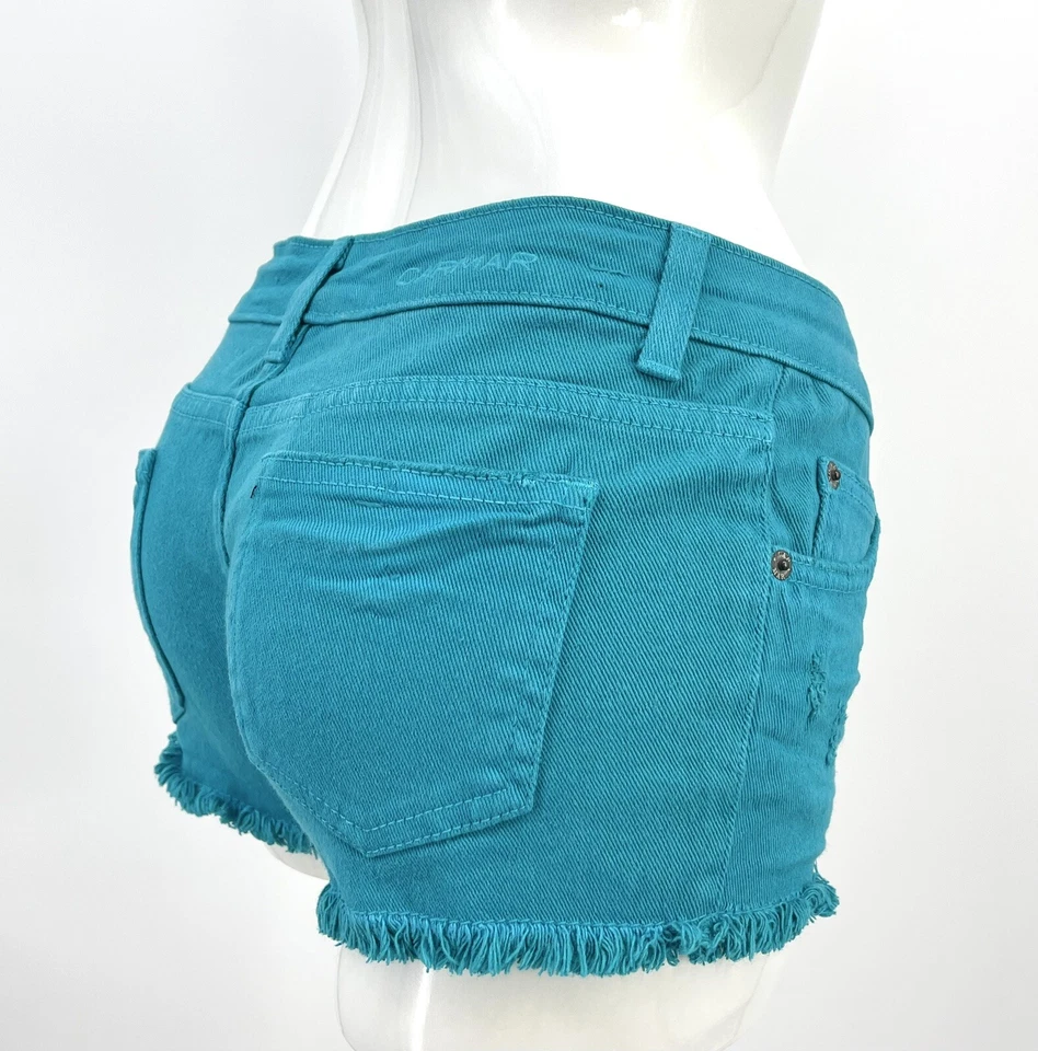 Bermuda jeans Carmar LF cintura baixa esticada desgastada turquesa - Imagem 3 de 4