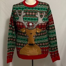 Ugly Christmas Sweater Reindeer Head Drink Beer Holder Red Green MENS Womens M
