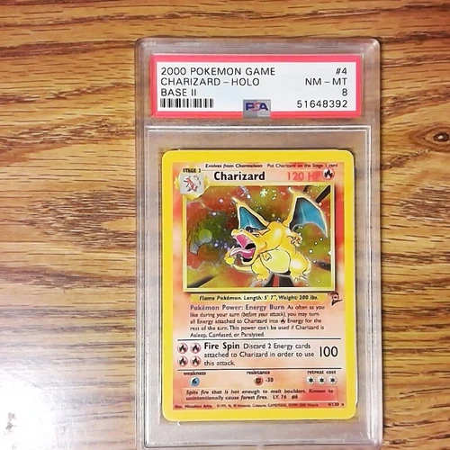 Charizard 4/130 BASE 2 Graded Pokemon Card - PSA 8 - NM MT - Swirl