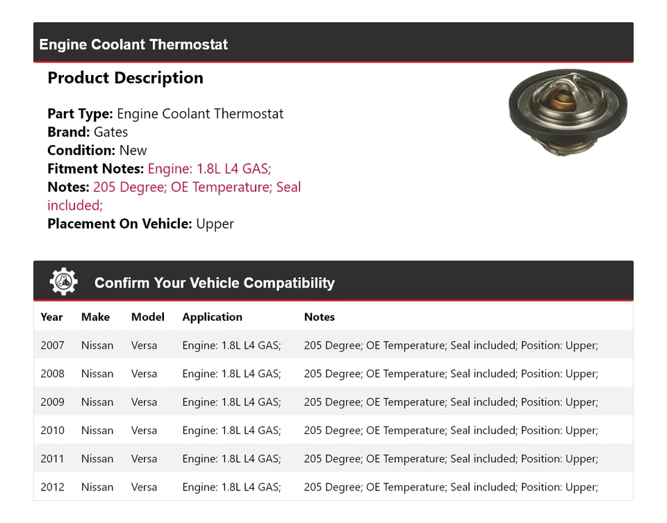 Portões superiores termostato líquido de arrefecimento do motor a gás Nissan Versa 1.8L L4 2007-2012 - Imagem 2 de 4
