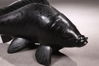 Vintage Japanese Stone Black Carp Statue 17.13inch Garden Pond Art