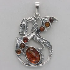 Cognac / Brown BALTIC AMBER Dragon Pendant - 925 STERLING SILVER Poland #6056e