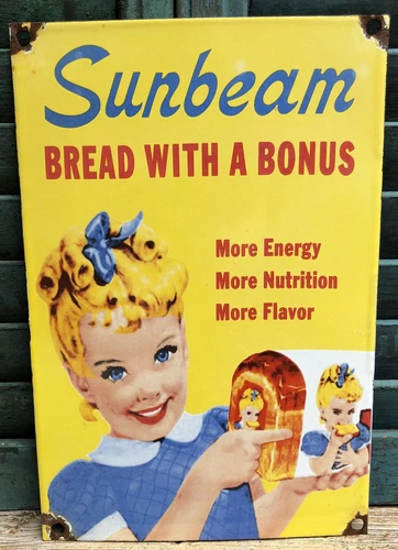VINTAGE SUNBEAM BREAD PORCELAIN SIGN USA “BREAD WITH A BONUS” GROCERY AD
