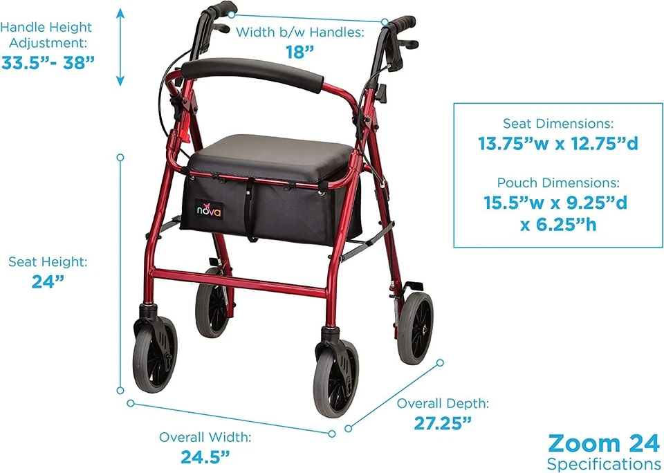 NOVA Zoom 24" Asiento Alto Plegable Andador Rodante Andador 8" Whls-CAJA ABIERTA ROJO Foto 2 de 4