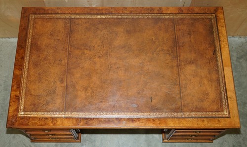 EXQUISITE VINTAGE BURR WALNUT BROWN LEATHER PARTNER DESK WITH SLIP SERVING TRAYS - Picture 10 of 24