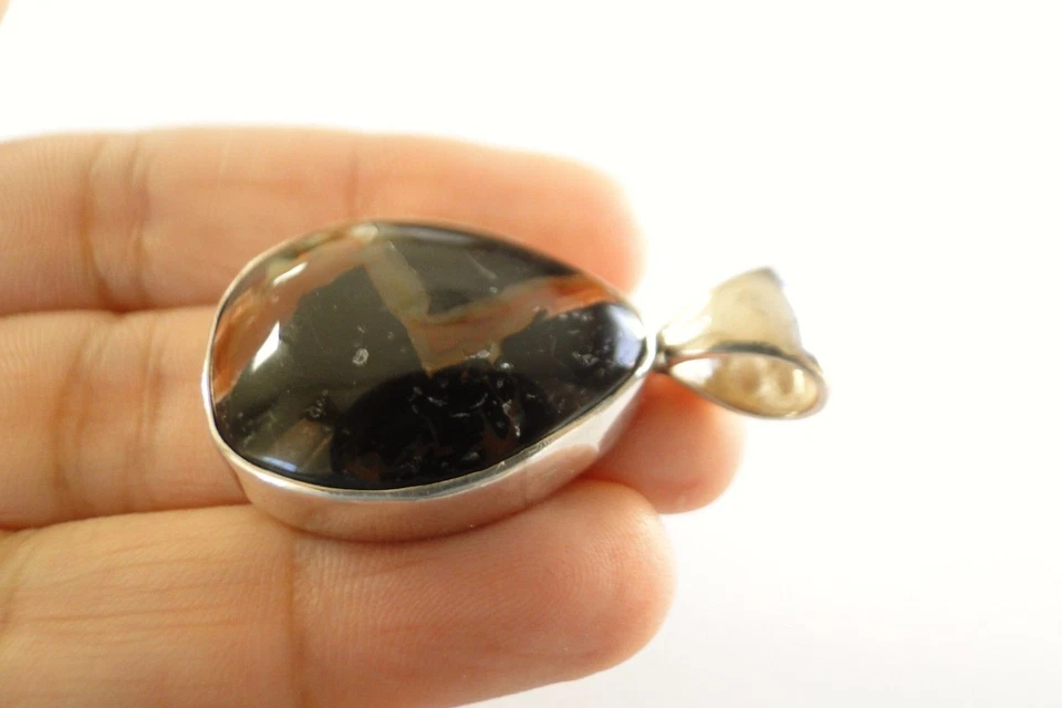 Colgante de madera petrificada de jaspe de plata de ley 925 Foto 3 de 4