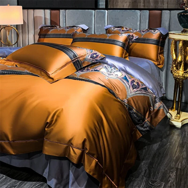 Juego de ropa de cama con funda de edredón de mezcla de seda de algodón egipcio de diseño bohemio dorado plateado Foto 4 de 4