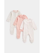 Mothercare 1-3 Months Set 3 Pink & Cream Mouse & Floral Cotton Sleepsuits - 