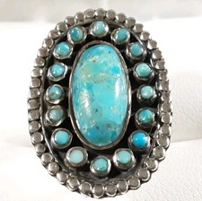 925 STERLING SILVER 17 STONES FLOWER DESIGN TURQUOISE SIZE 6 RING 4.8g