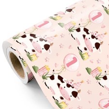 Girl 1st Birthday Wrapping Paper - Mini Roll - 17 Inch Pink Cow - 1st Birthday