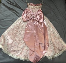 Vintage 1970s Gunne Sax Dress Womens Size 5 Pink White Lace Zip Back Bow USA