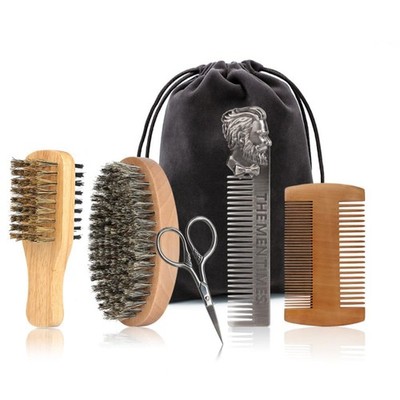Beard Brush Comb Set Mustache Scissors, Natural Boar Bristle Wood, Travel Bag