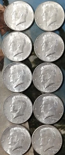1964 Kennedy Half Dollars - 10 Each - 90% Silver - About Uncirculated