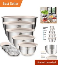 Classic 5-Piece Nesting Mixing Bowls Set in Khaki with Airtight Lids and Graters