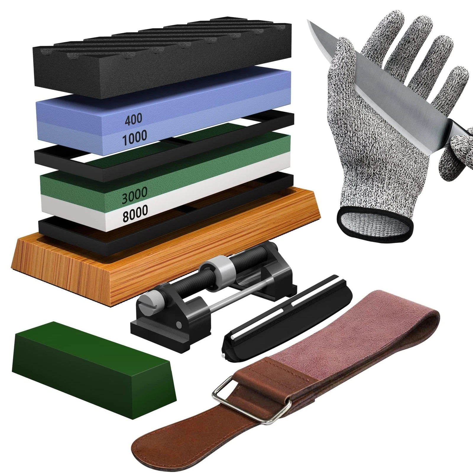 Knife Sharpening Stone Set - Premium 4 Side Grit 400/1000 3000/8000 Whetstone...