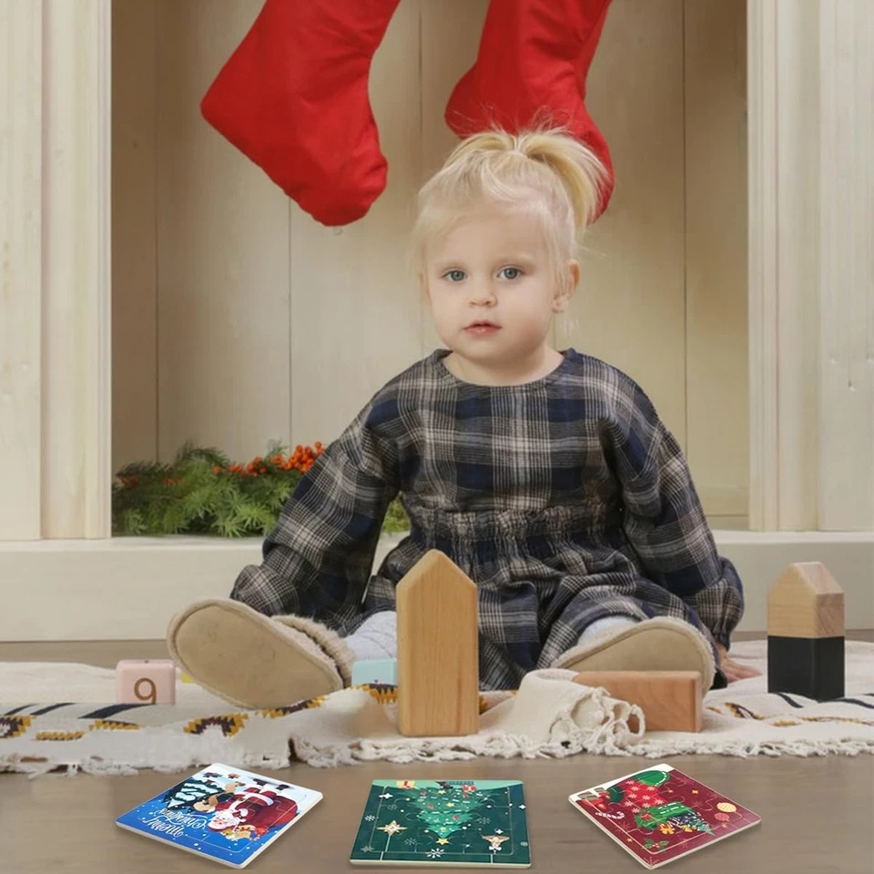 Paquete de 8 rompecabezas de madera de Navidad 9 piezas niños pequeños medias juguetes de peluche Foto 3 de 4