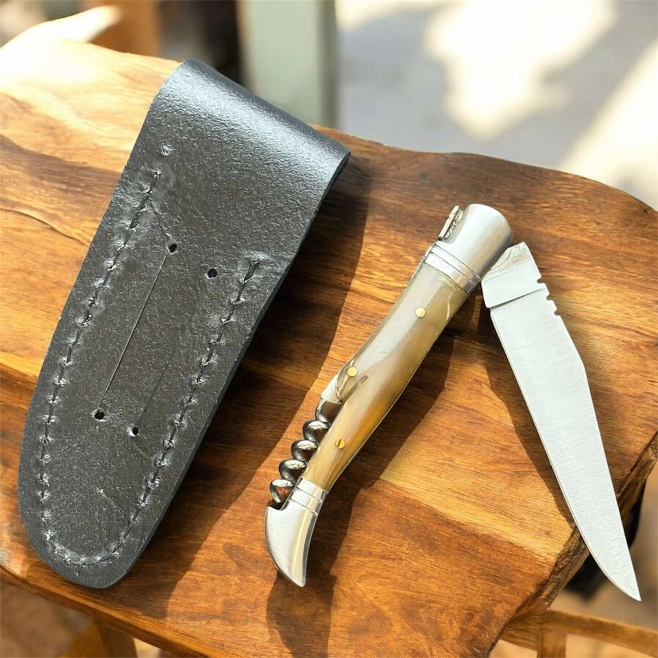 Faca de bolso vintage Laguiole lâmina chifre cabo bainha couro saca-rolhas masculino - Imagem 2 de 4