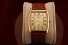 Vintage Men Seiko quartz Barrel-Tank Golden Dial Light Brown leather Dress Watch