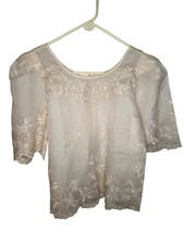 Vintage Tesoro Cream Floral Embroidery Sheer Blouse Top Scallop Size 12
