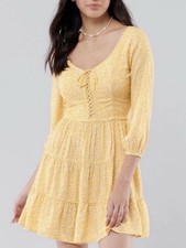 Hollister Womens Lace-Up Tiered Yellow Floral Dress Size Medium