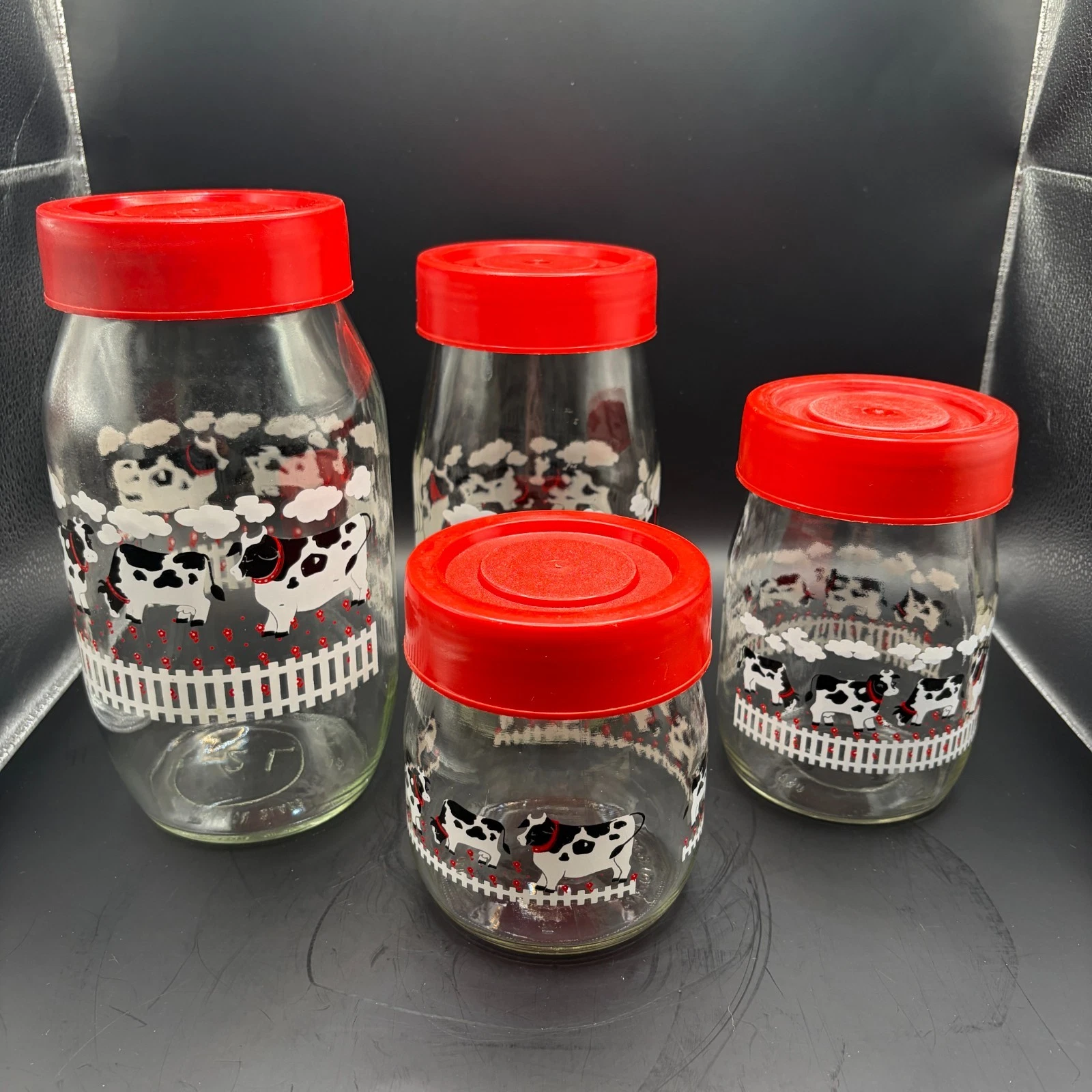 VTG Set of 4 CARLTON GLASS Cows Farm Kitchen Food Storage Canisters