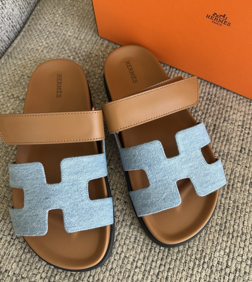 HERMESデニムブルーとブラウンのサンダル エルメス シプレ デニム×レザー サンダル EU37 レディース ブラウン
