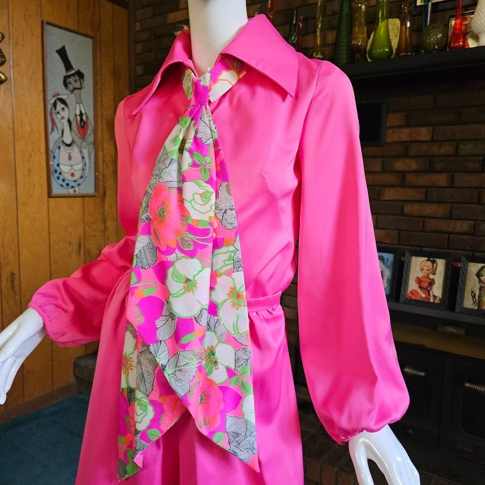 Vtg 70s Mod Pink Palazzo Pants Blouse 3 pc Pantsuit Bespoke Hostess Gown XXS/XS - Image 4 of 4